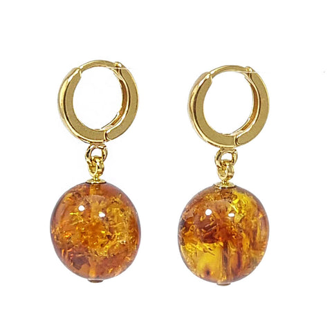 Cognac Amber Olive Dangle Earrings 14K Gold Plated