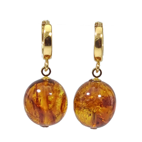 Cognac Amber Olive Dangle Earrings 14K Gold Plated