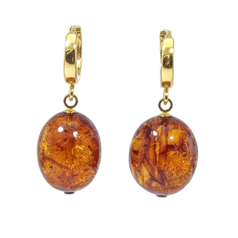 Cognac Amber Olive Dangle Earrings 14K Gold Plated