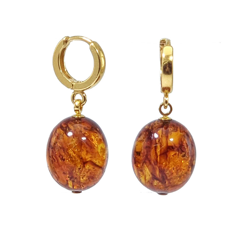 Cognac Amber Olive Dangle Earrings 14K Gold Plated
