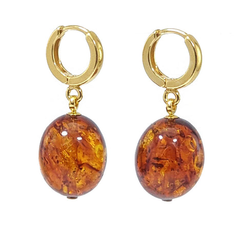 Cognac Amber Olive Dangle Earrings 14K Gold Plated