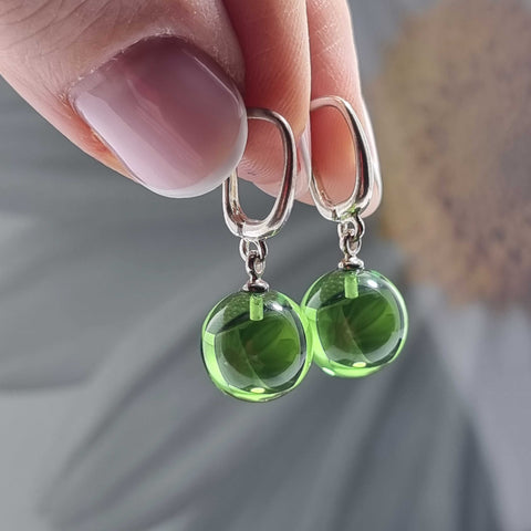 Green Amber Round Dangle Earrings Sterling Silver