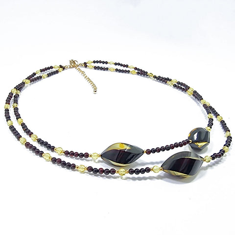 Multi-Color Amber Twisted Olive & Round Beads Necklace