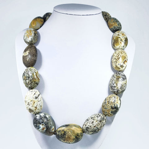 Milky Fossil Amber Big Nugget Beads Necklace Sterling Silver