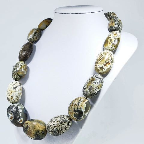 Milky Fossil Amber Big Nugget Beads Necklace Sterling Silver