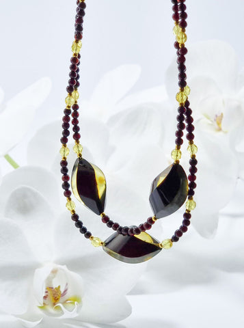 Multi-Color Amber Twisted Olive & Round Beads Necklace