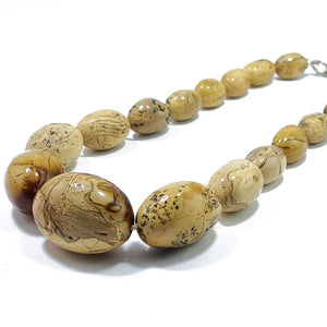 Milky Fossil Amber Free Shape Olive Beads Necklace Sterling Silver