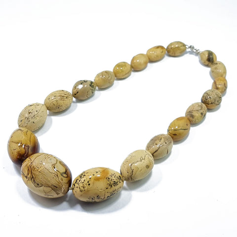 Milky Fossil Amber Free Shape Olive Beads Necklace Sterling Silver