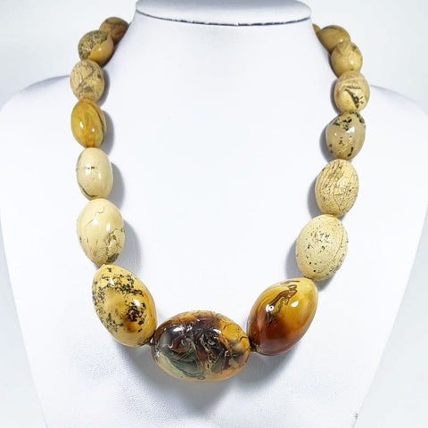 Milky Fossil Amber Free Shape Olive Beads Necklace Sterling Silver