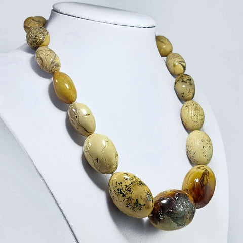 Milky Fossil Amber Free Shape Olive Beads Necklace Sterling Silver