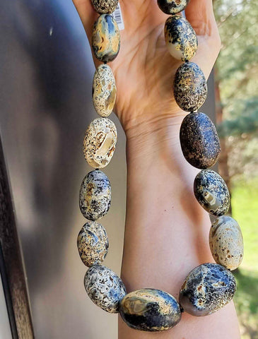 Milky Fossil Amber Big Nugget Beads Necklace Sterling Silver