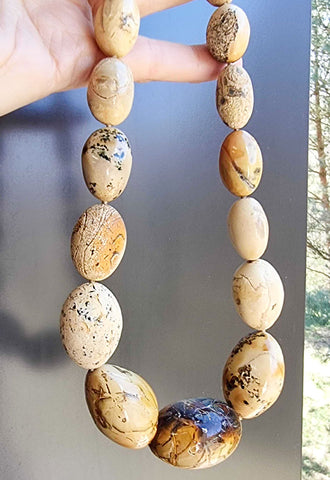 Milky Fossil Amber Free Shape Olive Beads Necklace Sterling Silver