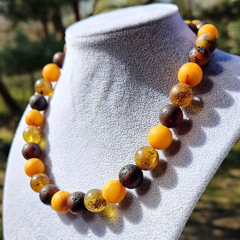 Multi-Color Amber Round Beads Necklace Sterling Silver