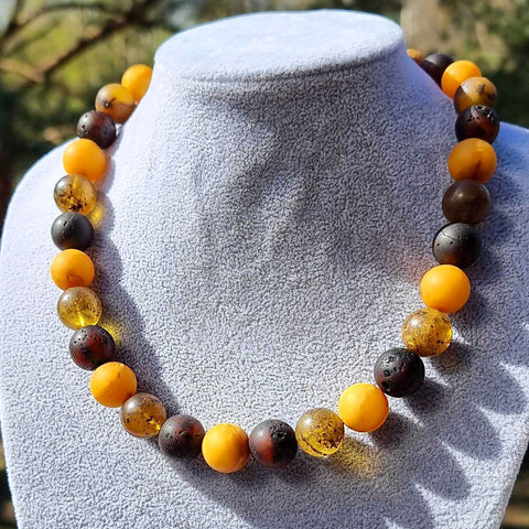 Multi-Color Amber Round Beads Necklace Sterling Silver