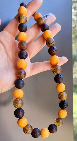 Multi-Color Amber Round Beads Necklace Sterling Silver