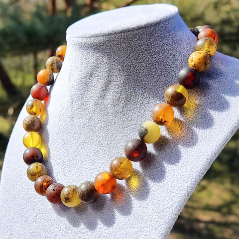 Multi-Color Amber Round Beads Necklace Sterling Silver