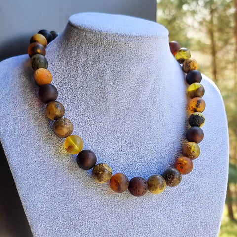 Multi-Color Amber Round Beads Necklace Sterling Silver