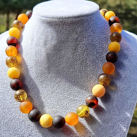 Multi-Color Amber Round Beads Necklace Sterling Silver