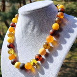 Multi-Color Amber Round Beads Necklace Sterling Silver