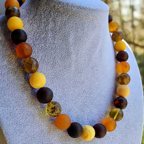 Multi-Color Amber Round Beads Necklace Sterling Silver