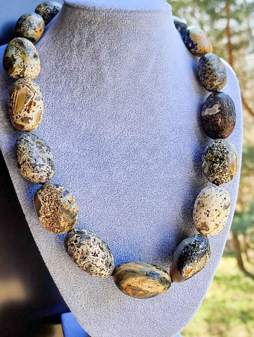 Milky Fossil Amber Big Nugget Beads Necklace Sterling Silver