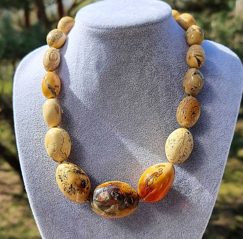 Milky Fossil Amber Free Shape Olive Beads Necklace Sterling Silver