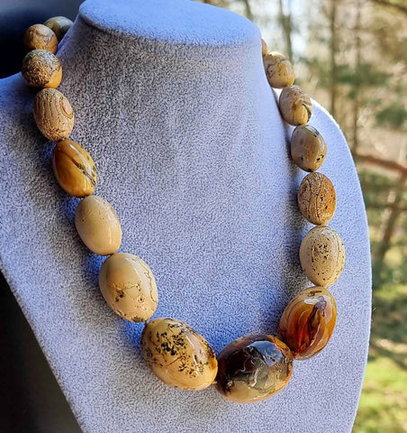 Milky Fossil Amber Free Shape Olive Beads Necklace Sterling Silver