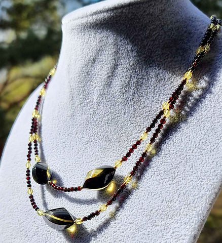 Multi-Color Amber Twisted Olive & Round Beads Necklace