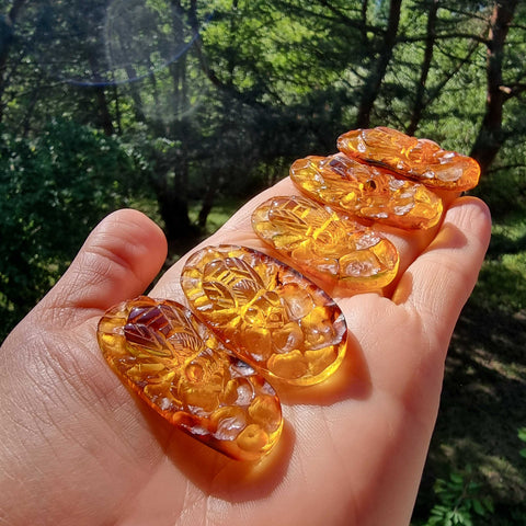 Cognac Amber Carved Bee On Honeycomb Cognac Cabochon