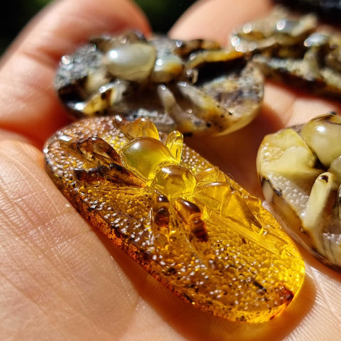 Milky & Fossil Amber Carved Spider Cabochons