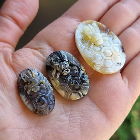 Milky Amber Carved Bee On Honeycomb Cognac Cabochon