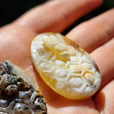 Milky Amber Carved Bee On Honeycomb Cognac Cabochon