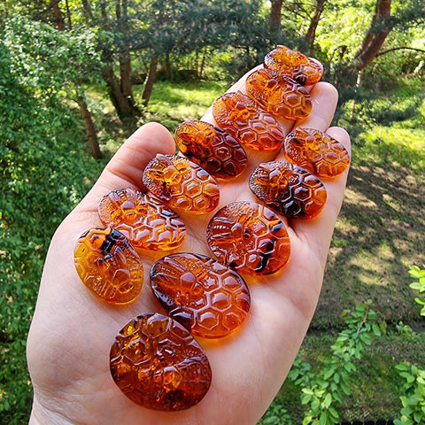 Cognac Amber Carved Bee On Honeycomb Cognac Cabochon