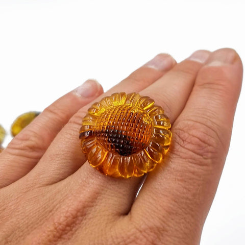 Cognac Amber Carved Sunflower Cabochons