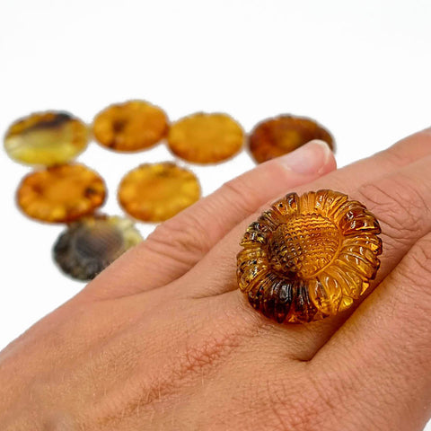 Cognac Amber Carved Sunflower Cabochons