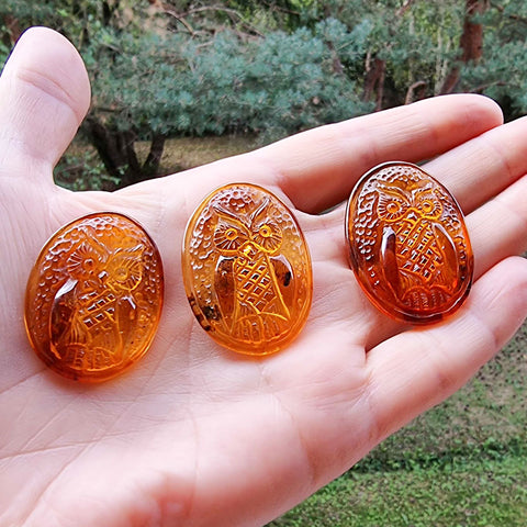 Cognac Amber Handmade Carved Owl Cabochons