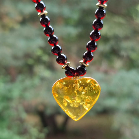 Multi-Color Amber Heart Pendant Beaded Necklace 14K Gold Plated