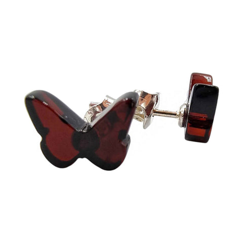 Cherry Amber Butterfly Stud Earrings Sterling Silver