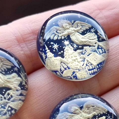 Blue Amber Engraved Christmas Round Shape Cabochons