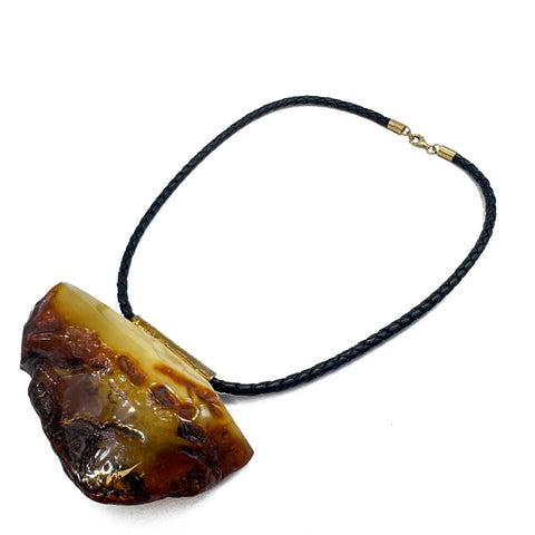 Milky Amber Free Shape Pendant Necklace With Leather