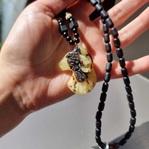 Milky & Black Amber Carved Pendant Beaded Necklace