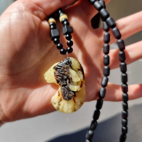 Milky & Black Amber Carved Pendant Beaded Necklace