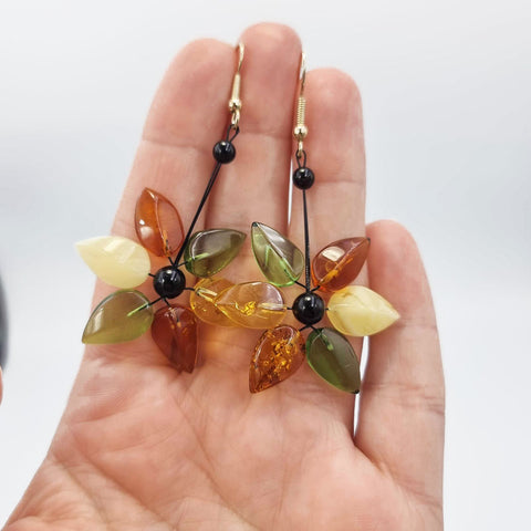 Night Magic Multi-Color Amber Leaves Dangle Earrings 14k Gold Plated
