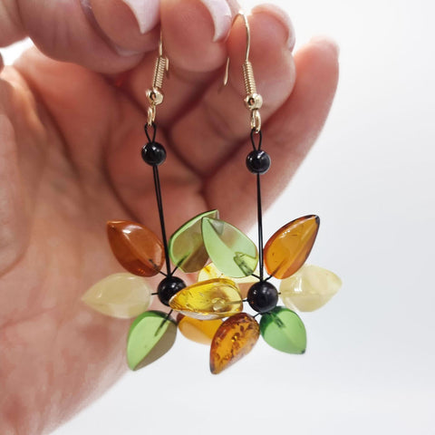 Night Magic Multi-Color Amber Leaves Dangle Earrings 14k Gold Plated
