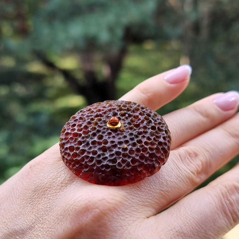 Cherry Amber Tablet Adjustable Ring 14k Gold Plated