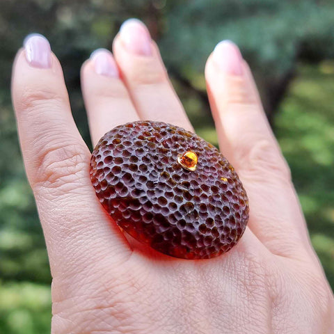 Cherry Amber Tablet Adjustable Ring 14k Gold Plated