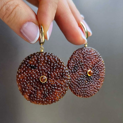 Cognac Amber Tablet Dangle Earrings 14K Gold Plated