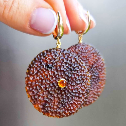 Cognac Amber Tablet Dangle Earrings 14K Gold Plated