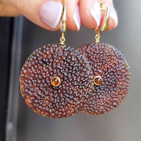 Cognac Amber Tablet Dangle Earrings 14K Gold Plated