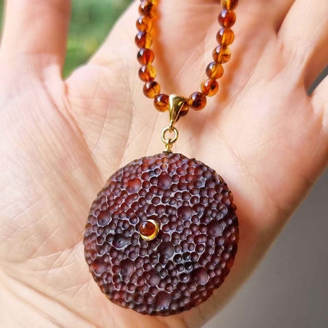 Cognac Amber Tablet Pendant Beaded Necklace 14K Gold Plated